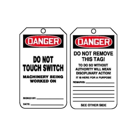 Accuform Safety Tags, DANGER DO NOT TOUCH SWITCH MACHINERY BEING WORKED ON, 5.75in x 3.25in, RP-Plastic, 5PK MDT173PTM
